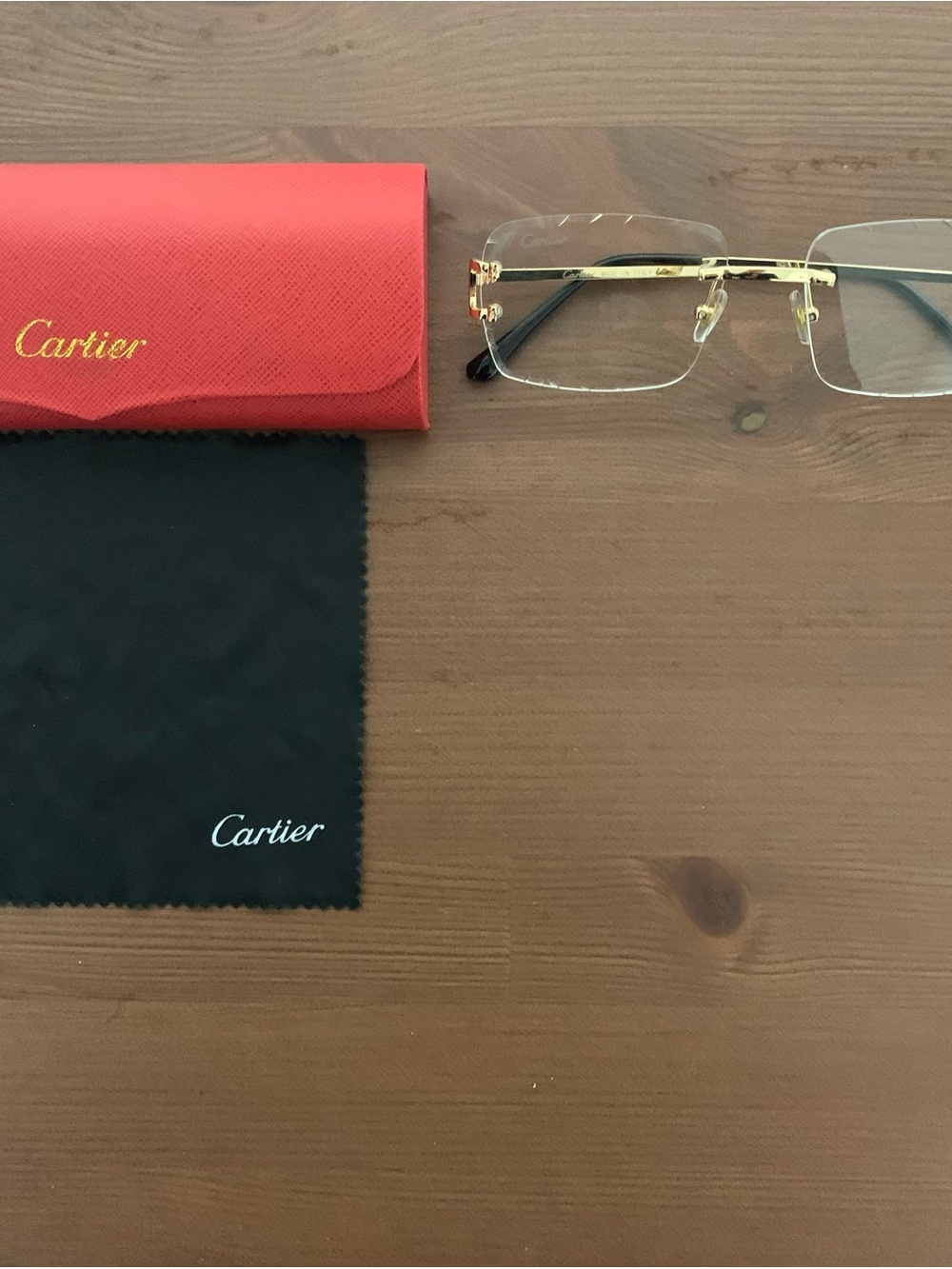 Cartier Gold Rimless Eyewear with Red Case and Black Cloth